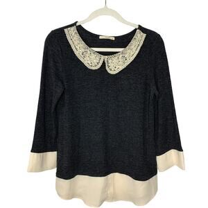Le Lis Twee Long Sleeve Top With Pearl And Crochet  Accents Small
